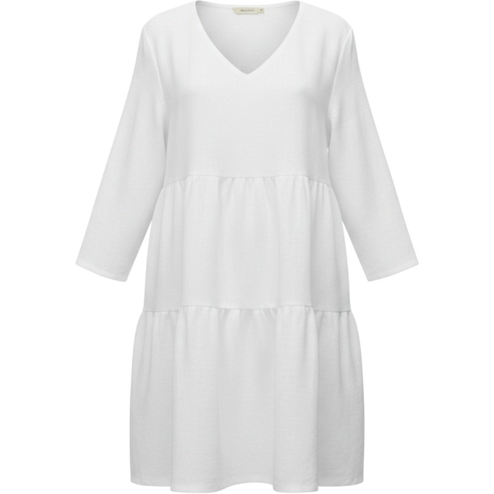 Match Point USA White 100% Linen Dress L Tiered V-Neck Loose Fit Breezy Crisp